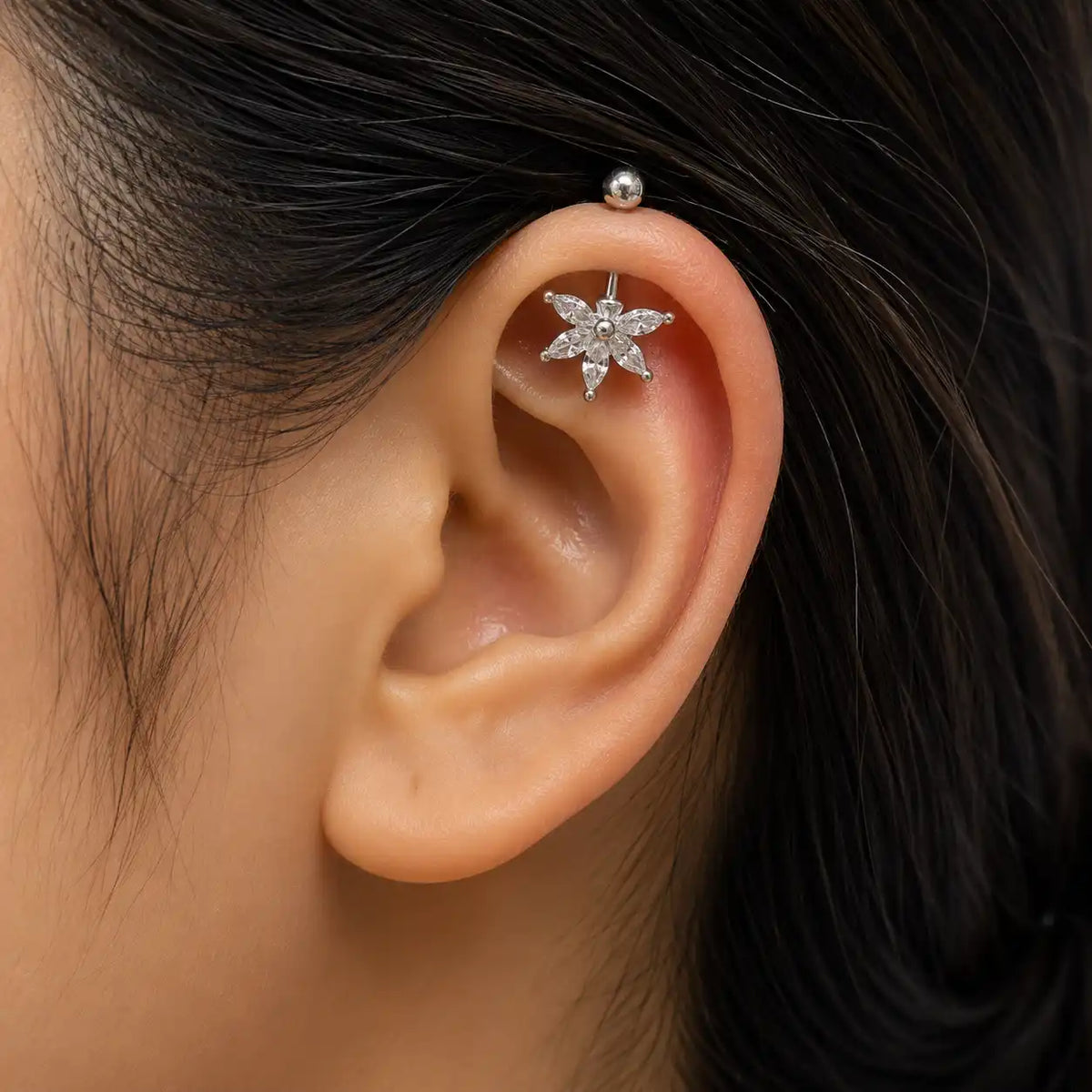 White  Crystal Helix Bugadi Earring Pair   -  925 Silver