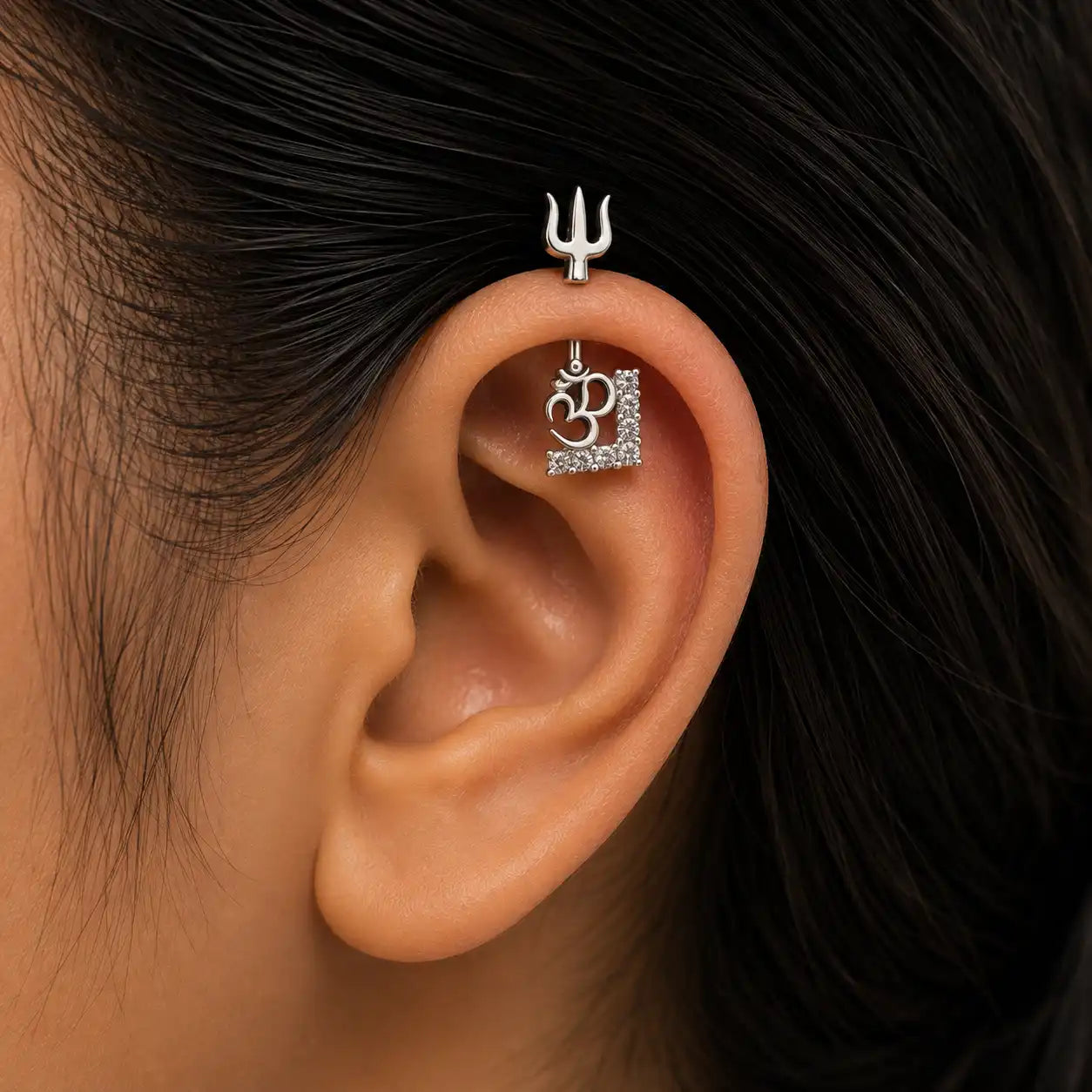 Om Trishul Zircon Bugadi Stud Earring Pair - 925 Silver