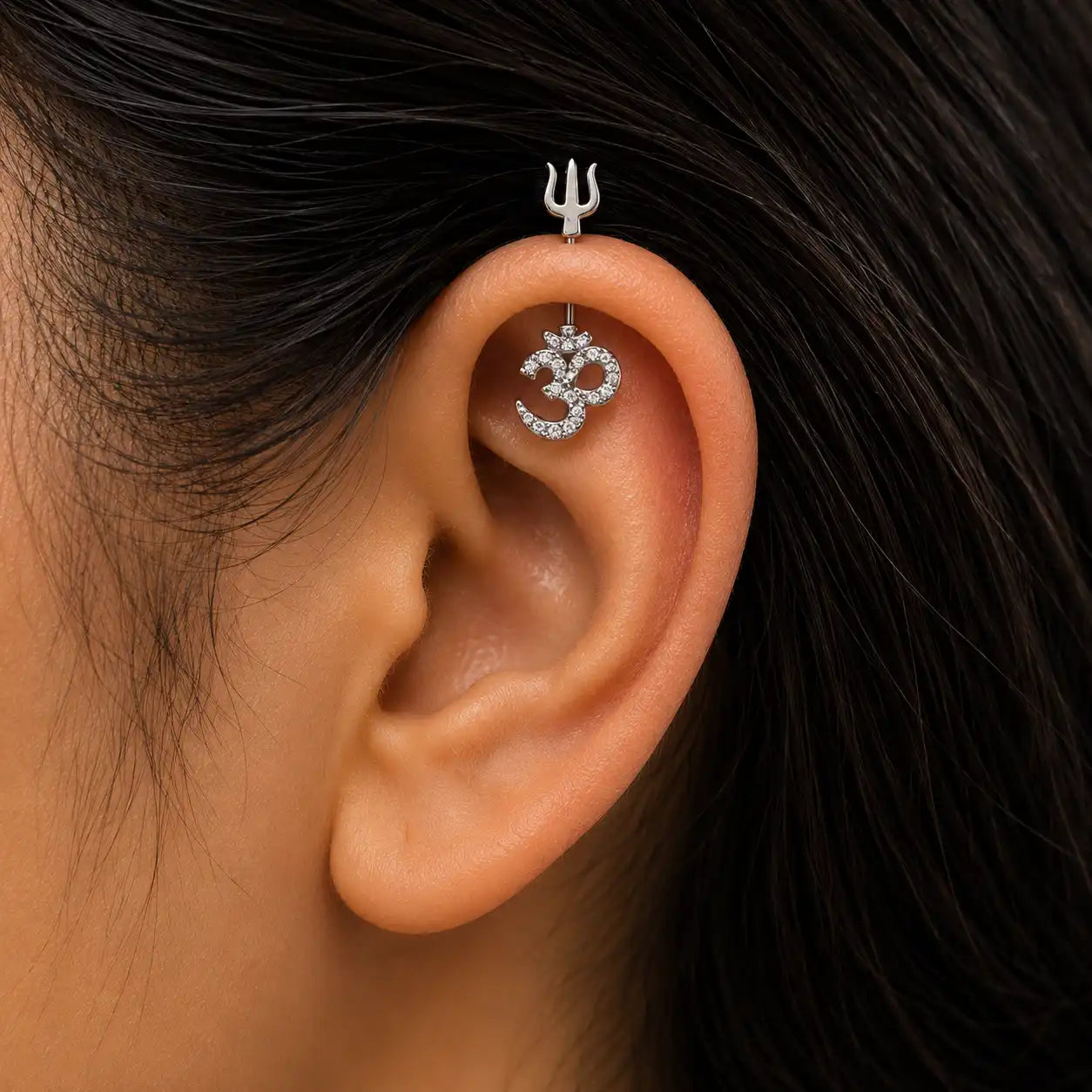 Om Trishul Zircon Bugadi Stud Earring Pair - 925 Silver