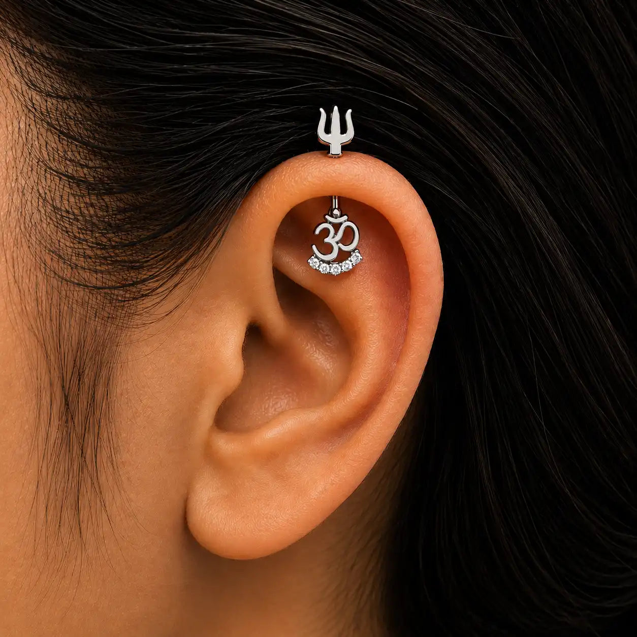 Om Trishul Bugadi Stud Earring Pair  - 925 Silver