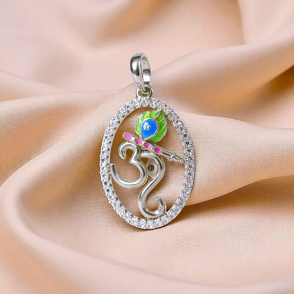 Om Krishna Bansuri Mayurpankh Silver Pendant