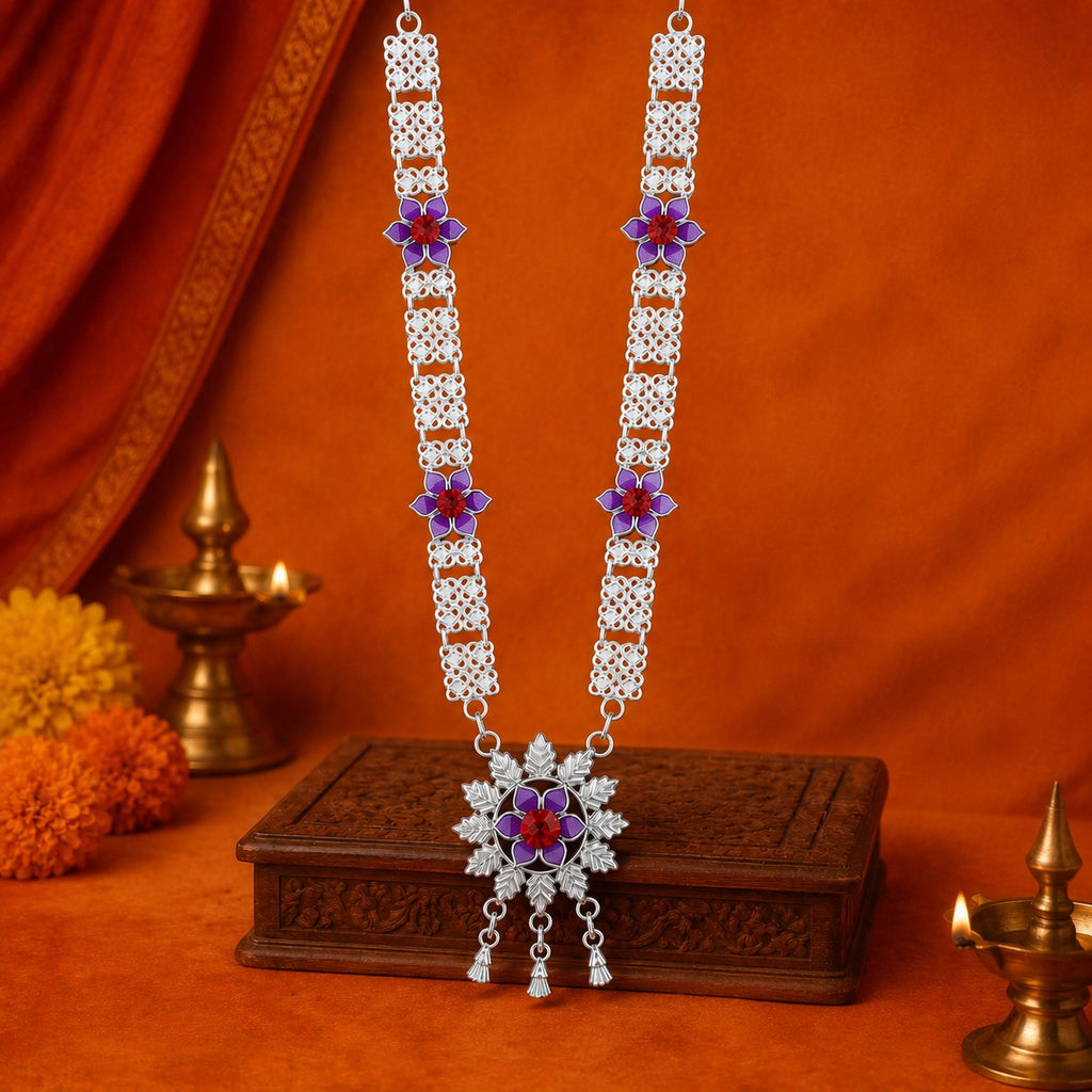 Silver floral Haar / Neckless For Lord Ganesh With Red Stone