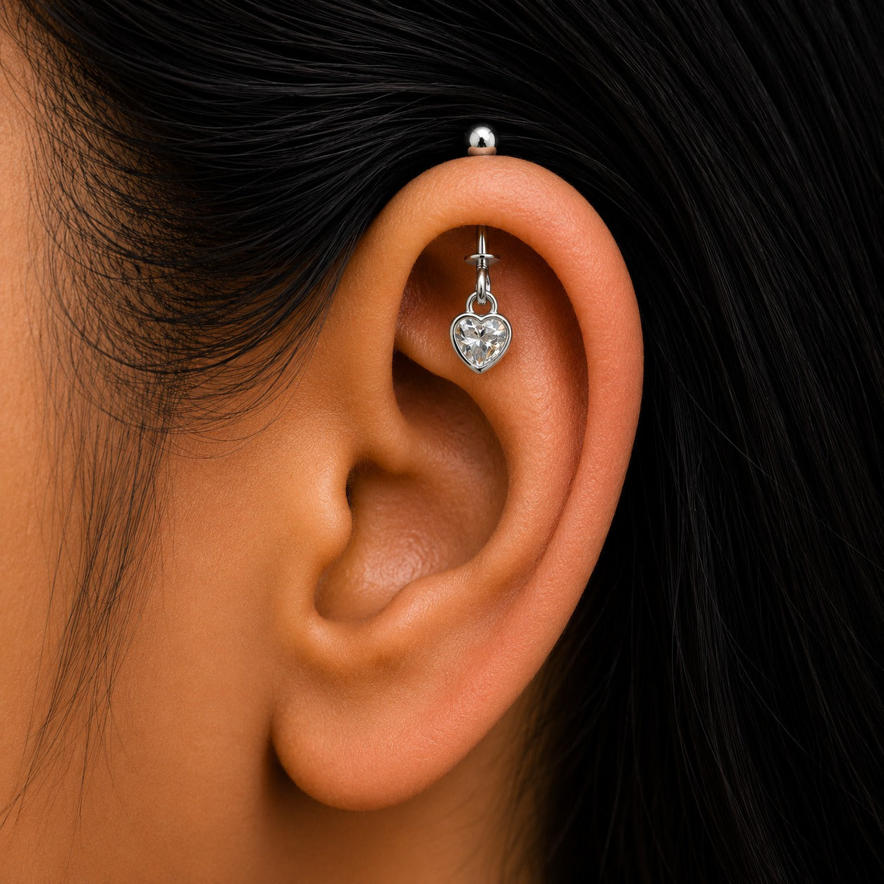 Heart Shape Stone Helix  Bugadi Earring Pair  -  925 Silver