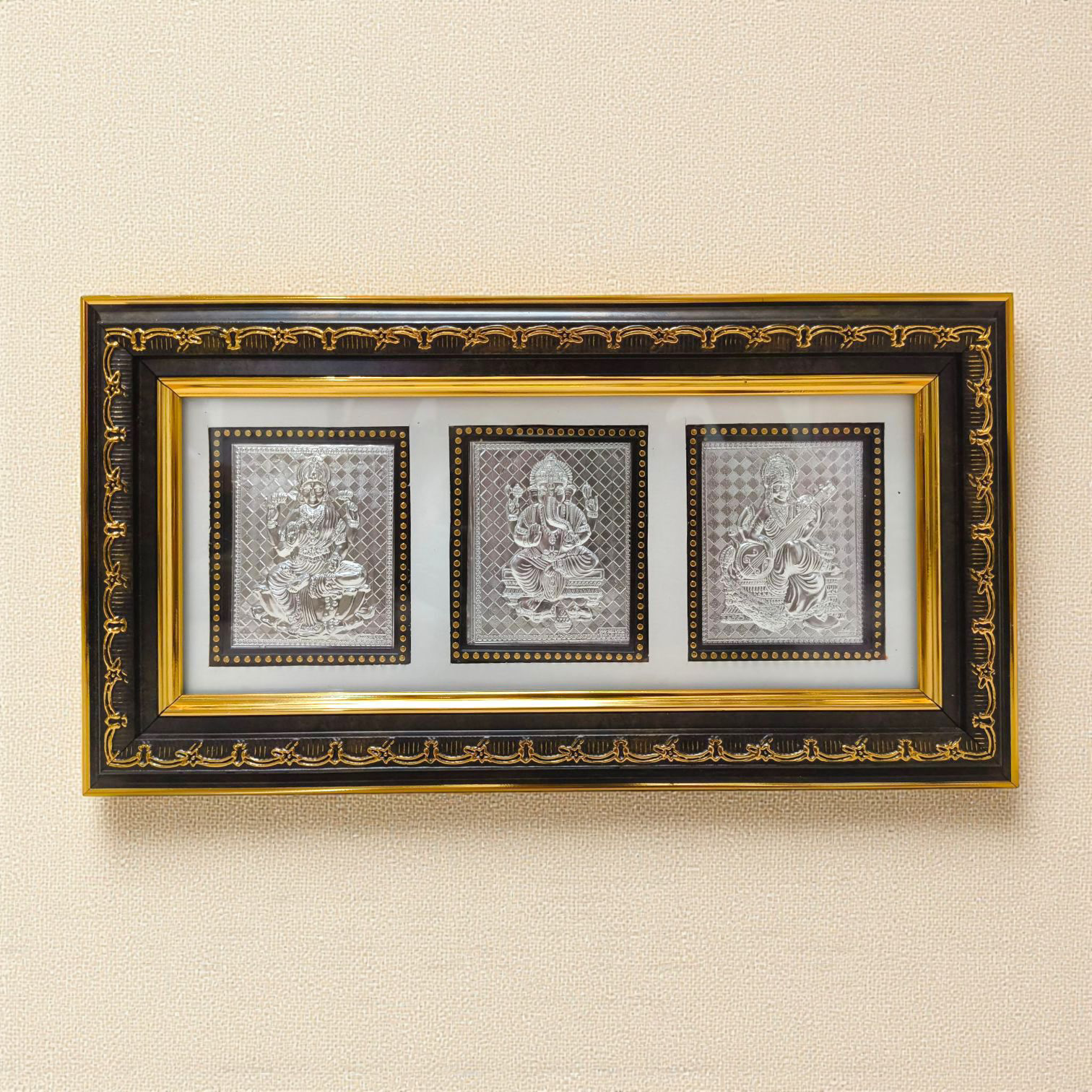 God Lakshmi Ganpati Saraswati Silver Big Frame