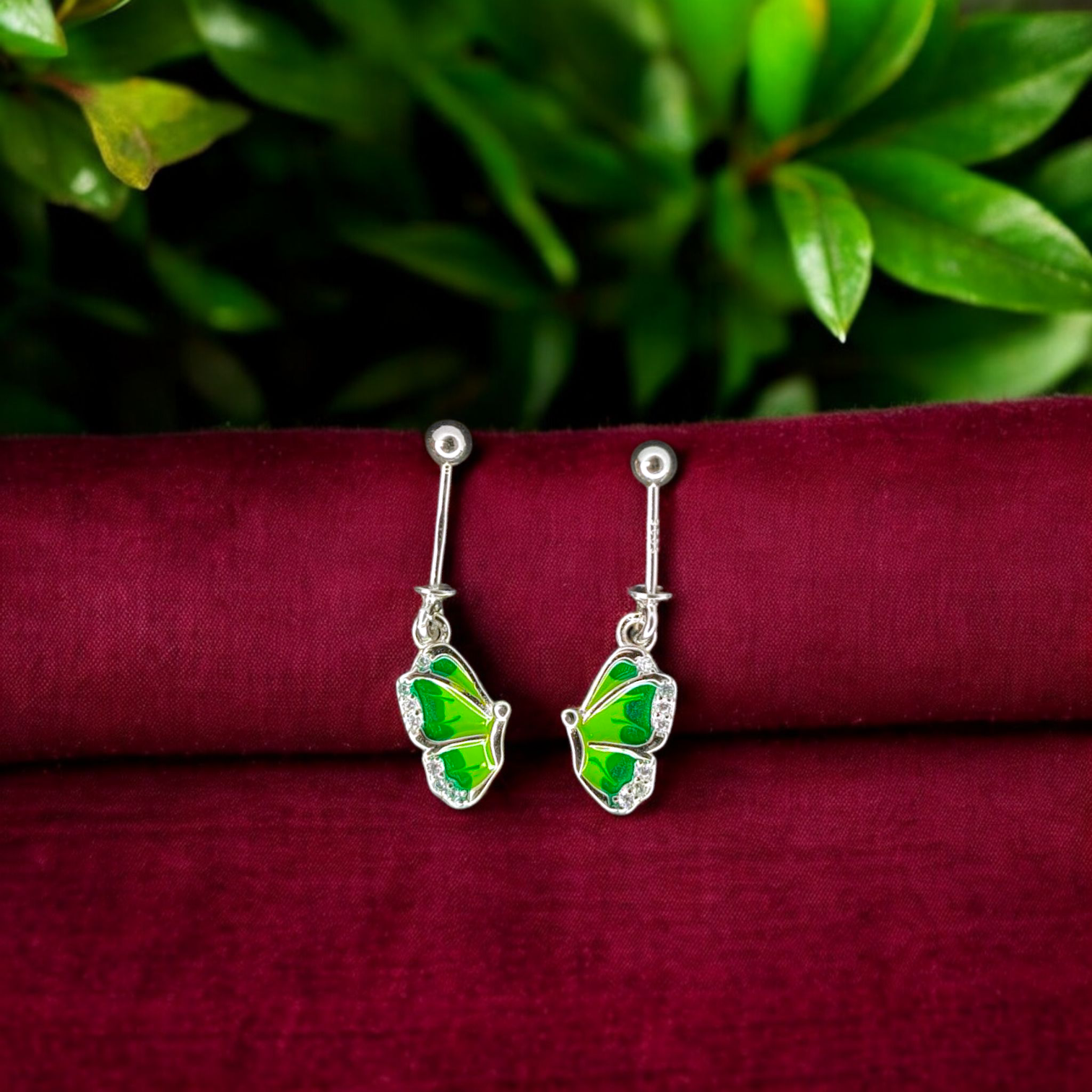 Silver Green Butterfly Ball Bugadi Earring pair
